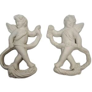 Vintage White Cherub Angels Pair Wall Hanging Universal Statuary Plaster Set